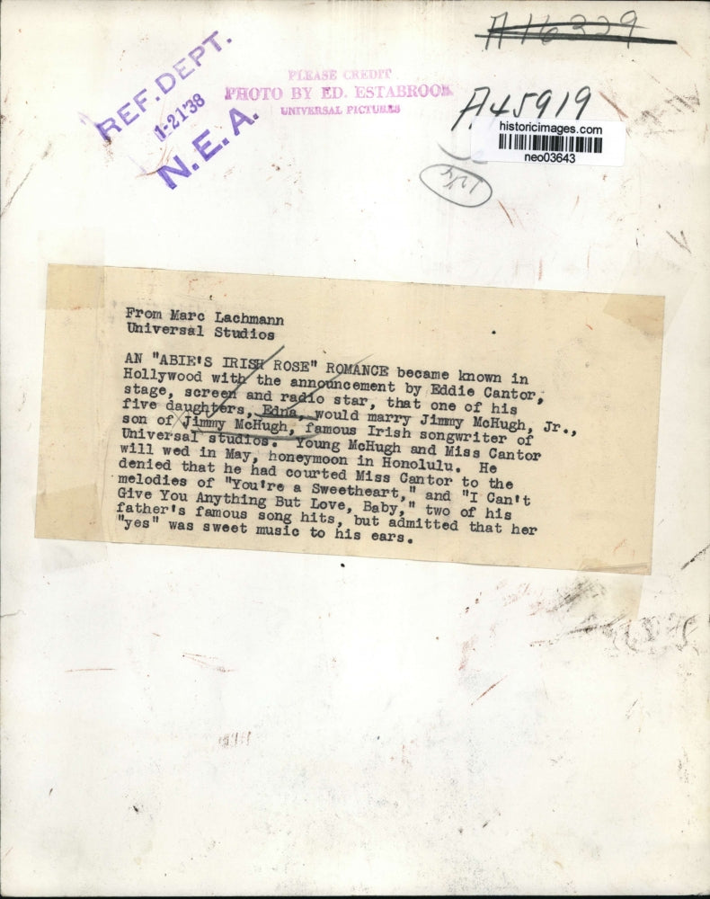 1938 Press Photo Edna Cantor, Jimmy McHugh of Hollywood to be Married