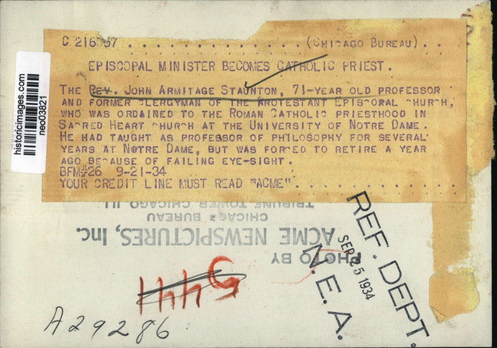 1934 Press Photo Rev John Armitage Staunton Ordained Catholic Priest, Notre Dame