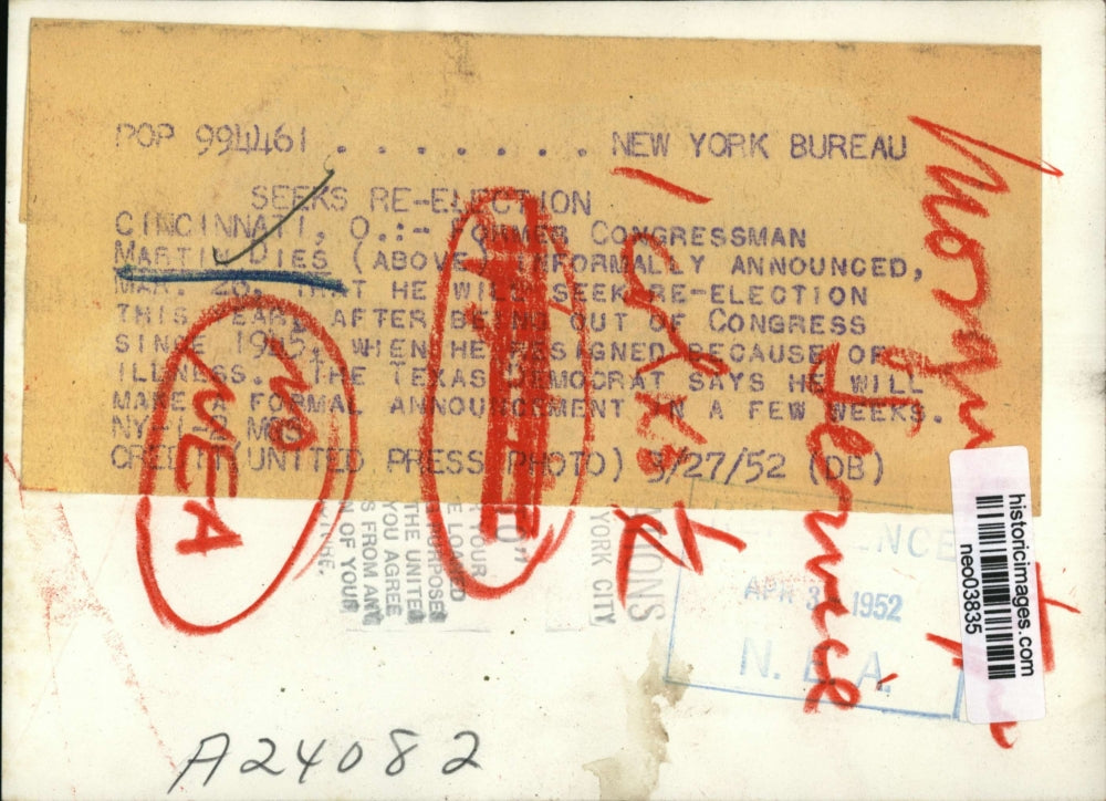 1952 Press Photo Former Congressman Martin Dies of Ohio Seeks Re-Election