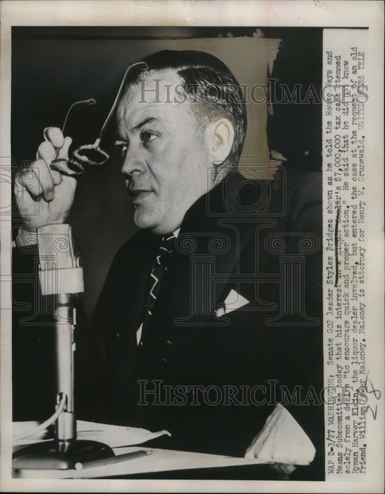 1952 Press Photo Styles Bridges in House Ways and Means Subcommittee - neo03855