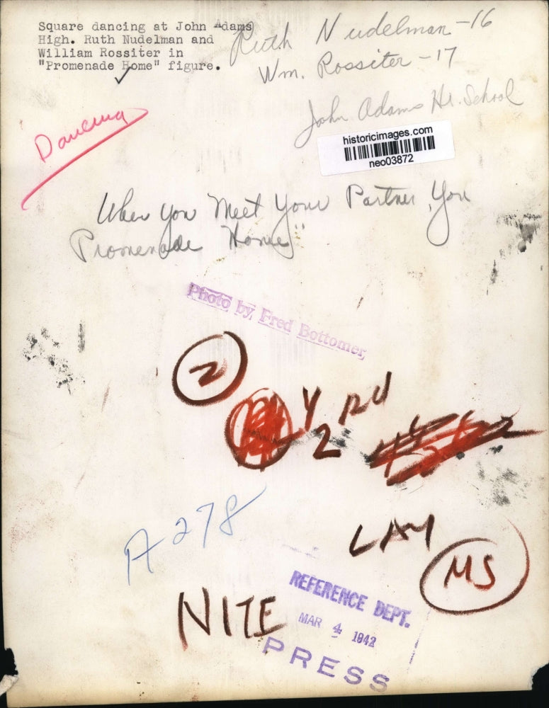 1942 Press Photo Ruth Nudelma,William Roositer Square Dancing, John Adams High
