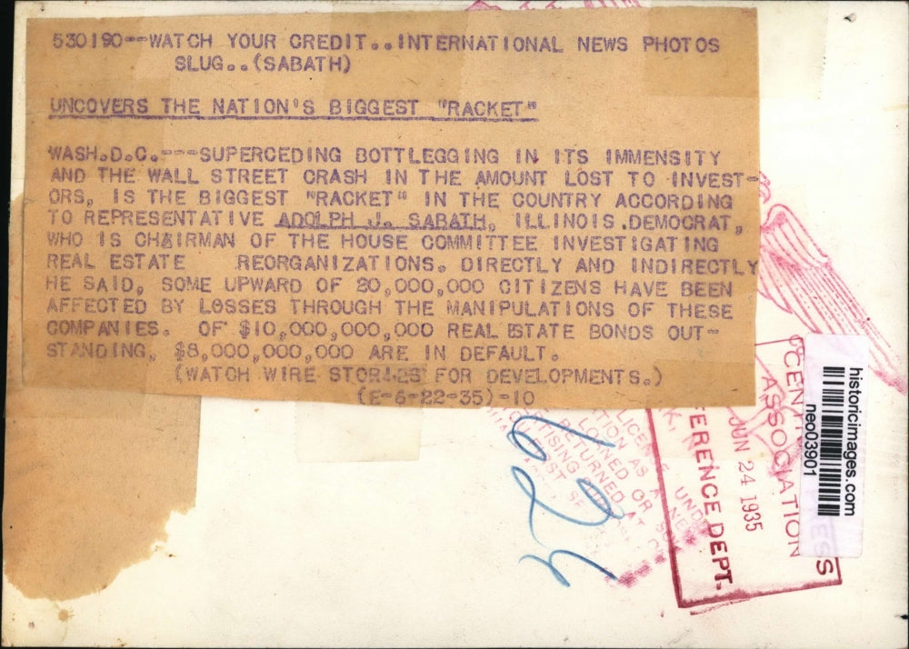 1935 Press Photo Adolph J. Sabath Chairman House Committee Investigator