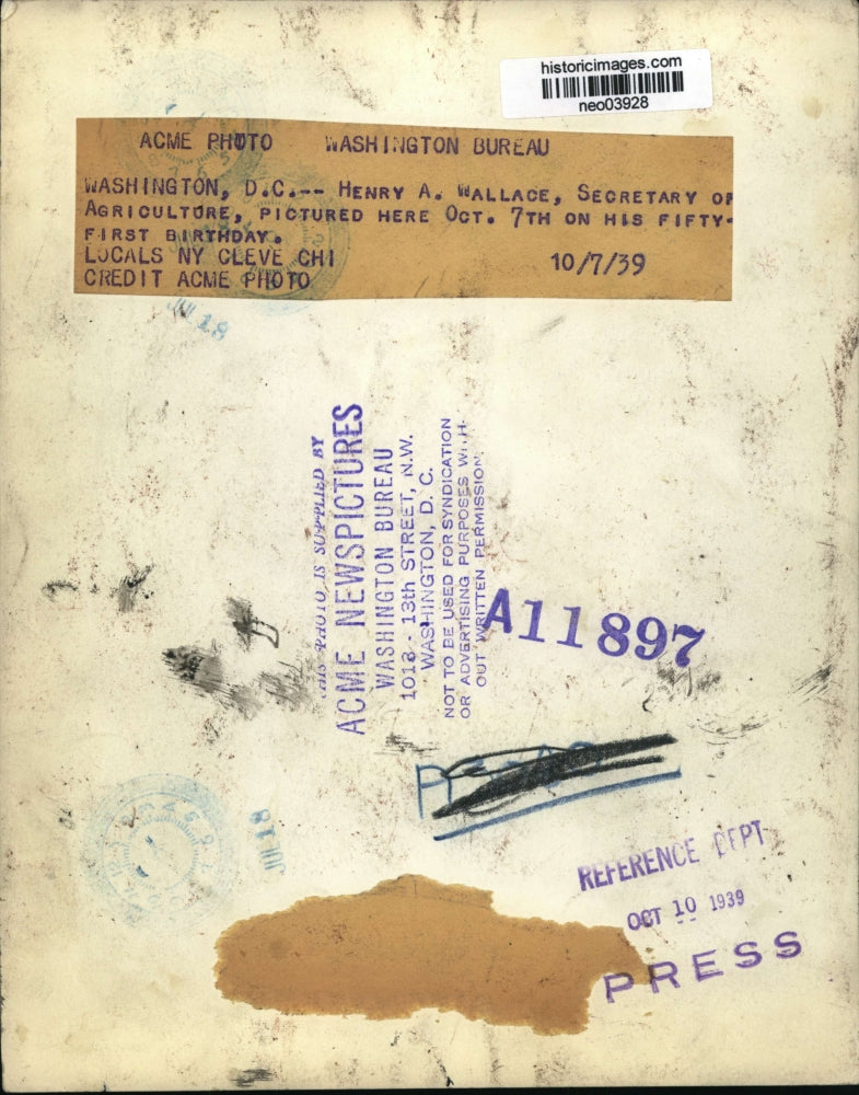 1939 Press Photo Henry A. Wallace Sec. of Agriculture on his 51st birthday