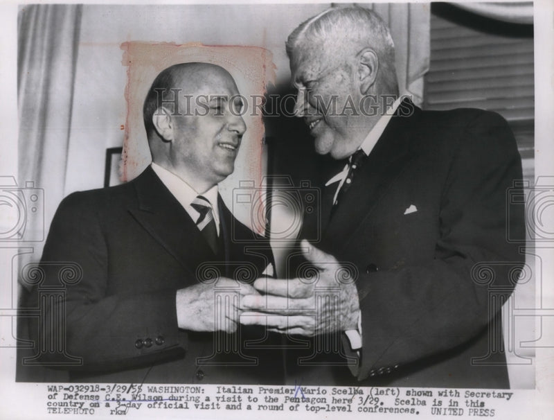 Load image into Gallery viewer, 1955 Press Photo Italian Premier Mario Scelba &amp; C.E. Wilson visit Pentagon in DC
