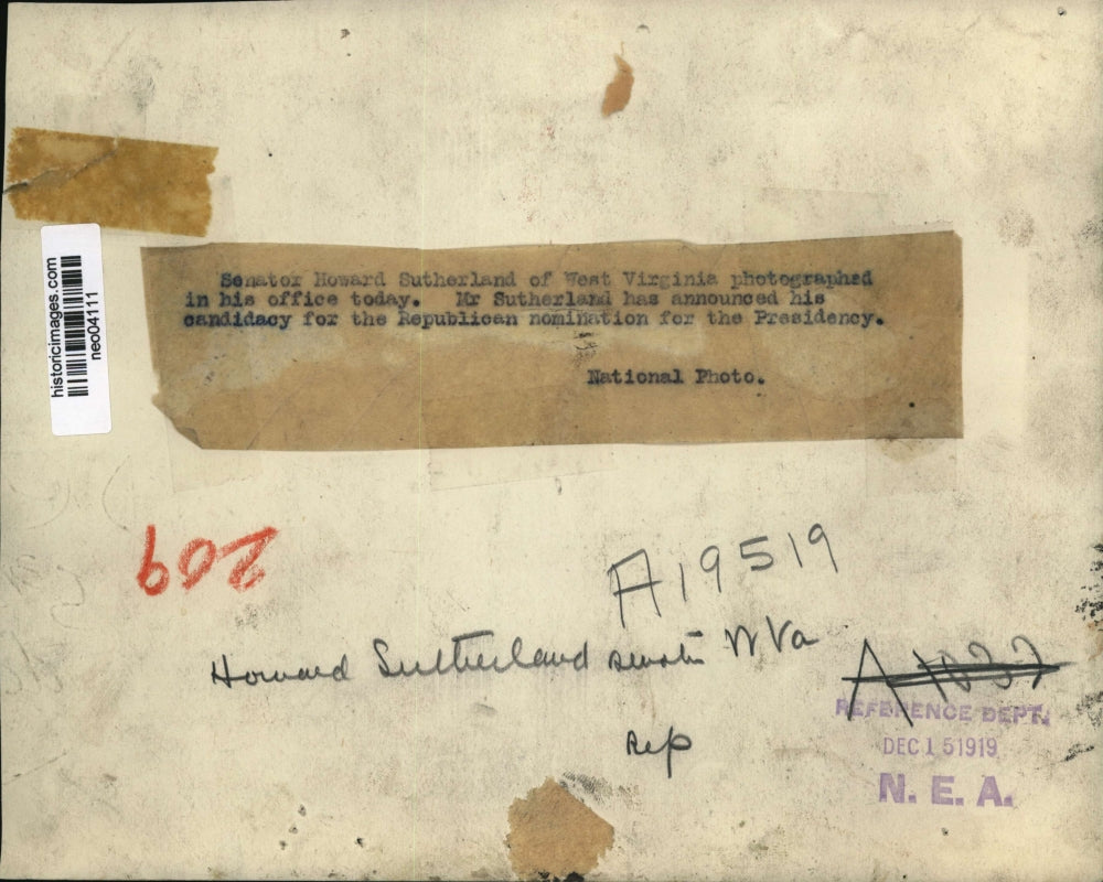 1919 Press Photo Senator Howard Sutherland of Virginia - neo04111