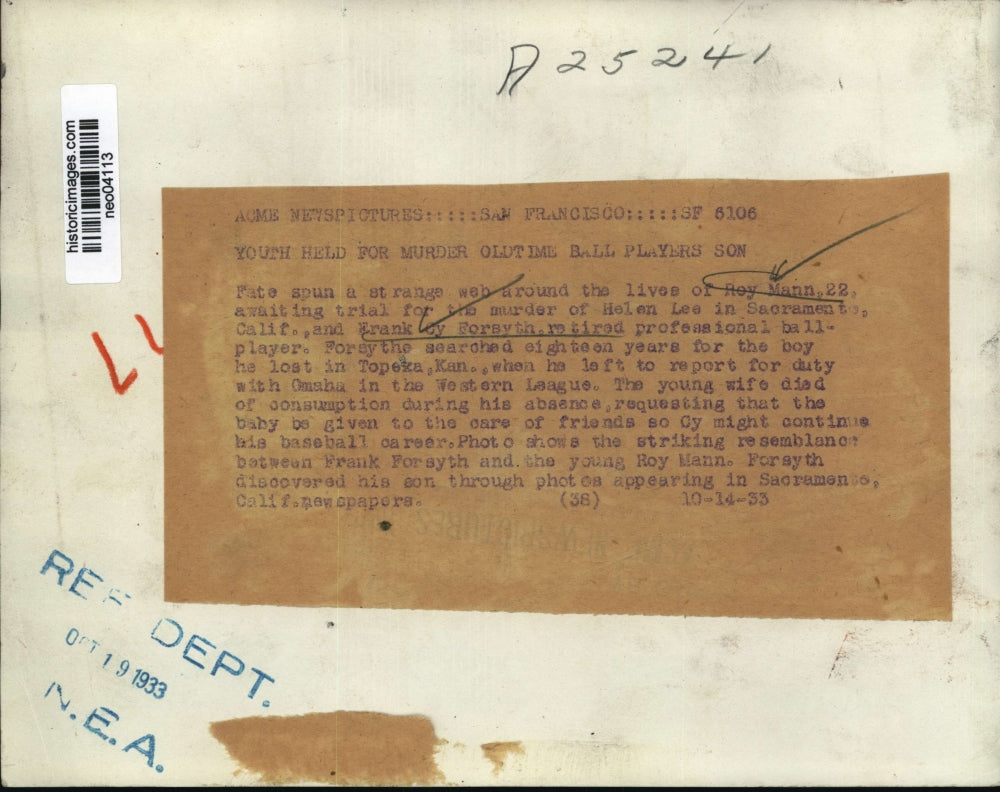 1933 Press Photo Roy Mann, Frank Cy Forsyth in Helen Lee Murder Case, Sacramento