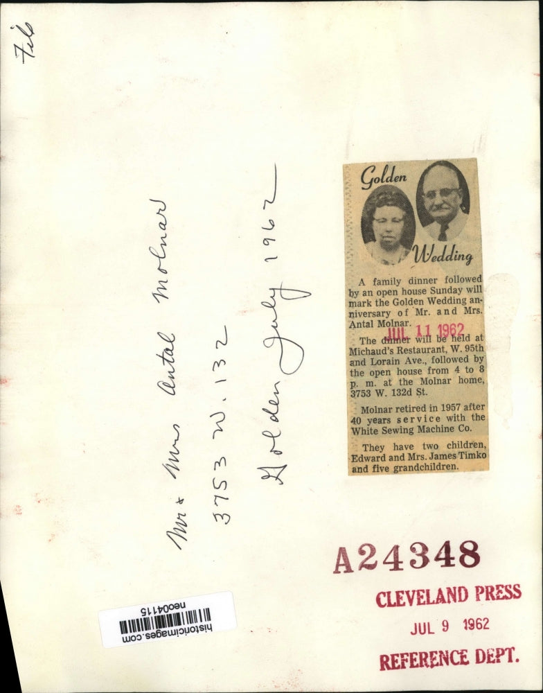 1962 Press Photo mr & Mrs Antal Molnar Golden Anniversary, Cleveland, Ohio