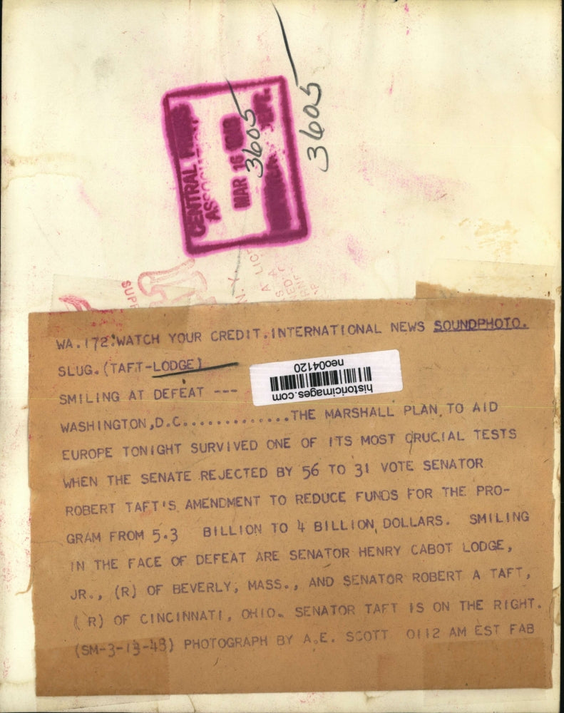 1948 Press Photo Henry Cabot Lodge, Robert Taft after Senate Amendment Vite