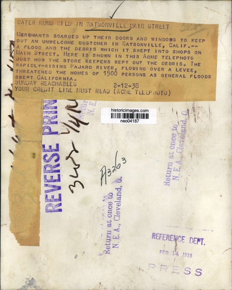 1938 Press Photo Watsonville, CA flooding due to Pajaro River rising