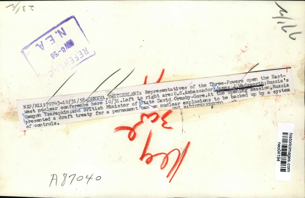 1958 Press Photo East-West nuclear conference James Wadsworth, Semyon Tsarapkin