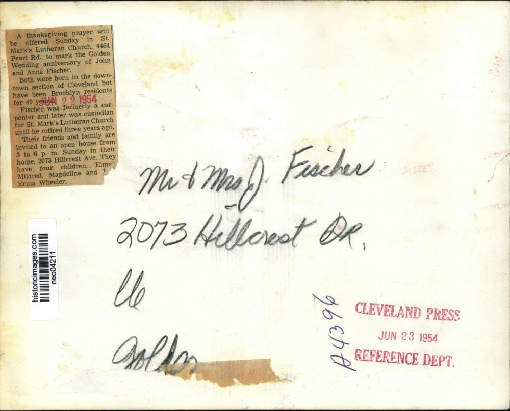 1954 Press Photo John & Anna Fischer for Golden 50th Wedding Anniversary