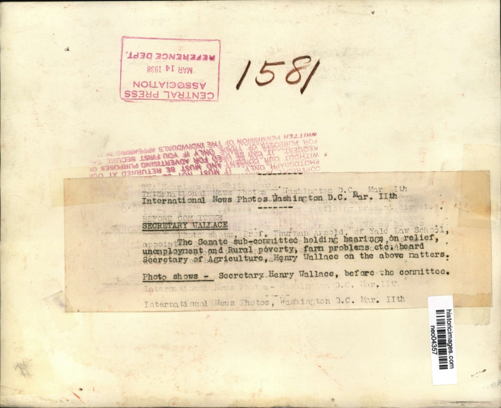 1938 Press Photo Henry Wallace at Senate Relief, Unemployment & Poverty Hearing