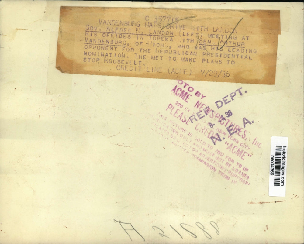 1936 Press Photo Governor Alf Landon, Senator Arthur Vandenberg in Topeka Kansas