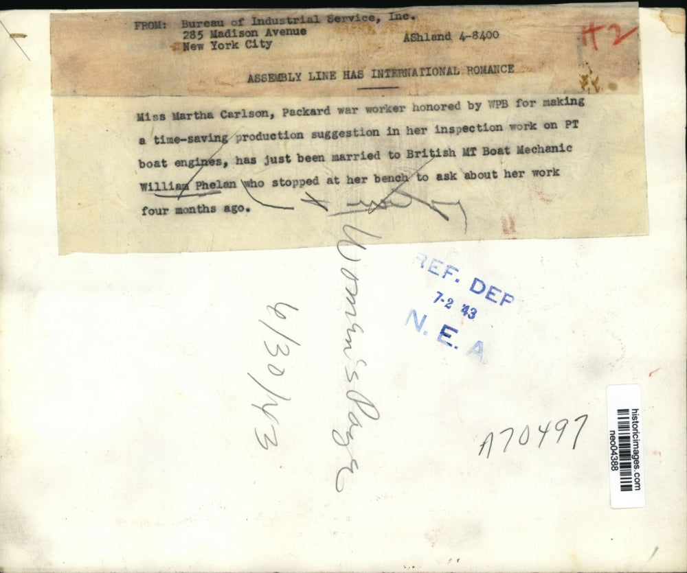 1943 Press Photo Wedding of Martha Carlson, William Phelan - neo04388