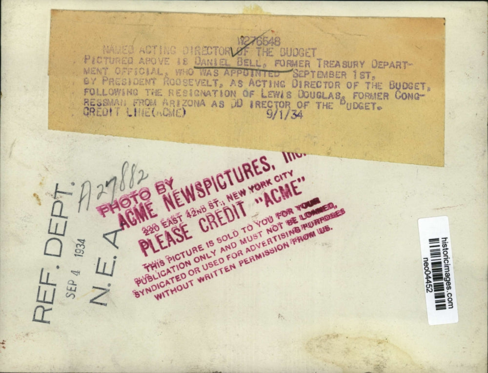 1934 Press Photo Daniel Bell Appointed Director of Budget by Pres. Roosevelt