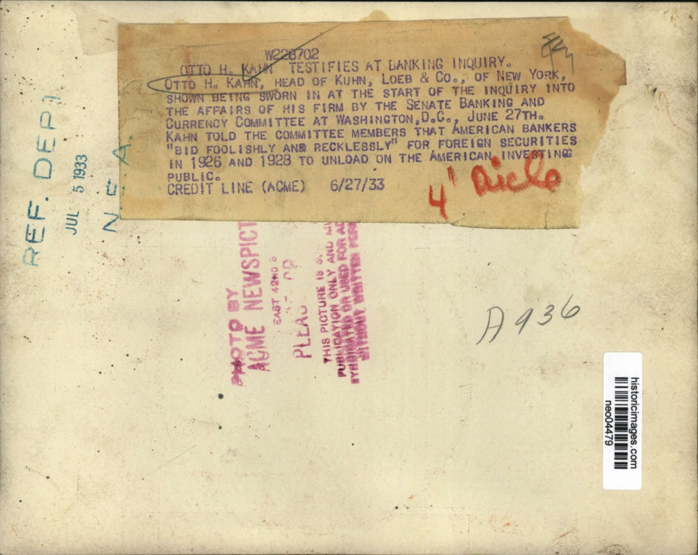 1930 Press Photo Otto H. Kahn Senate banking and Currency committee Washington