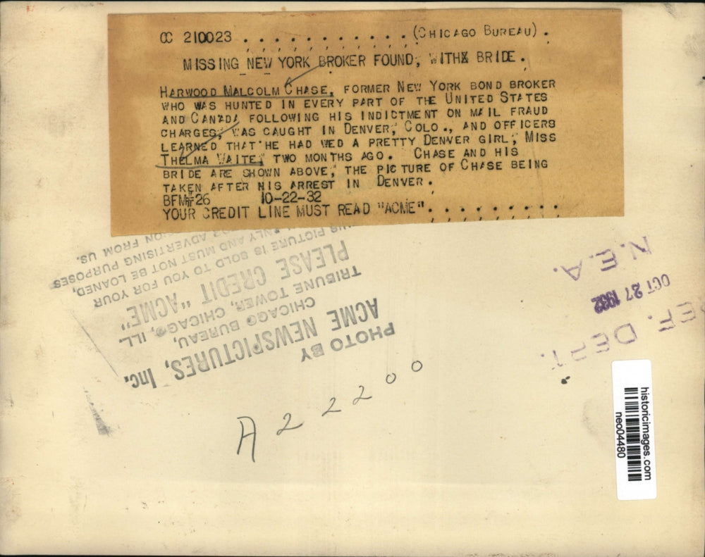 1932 Press Photo Harwood Malcolm Chase & Themla Waite. Chase was arrested