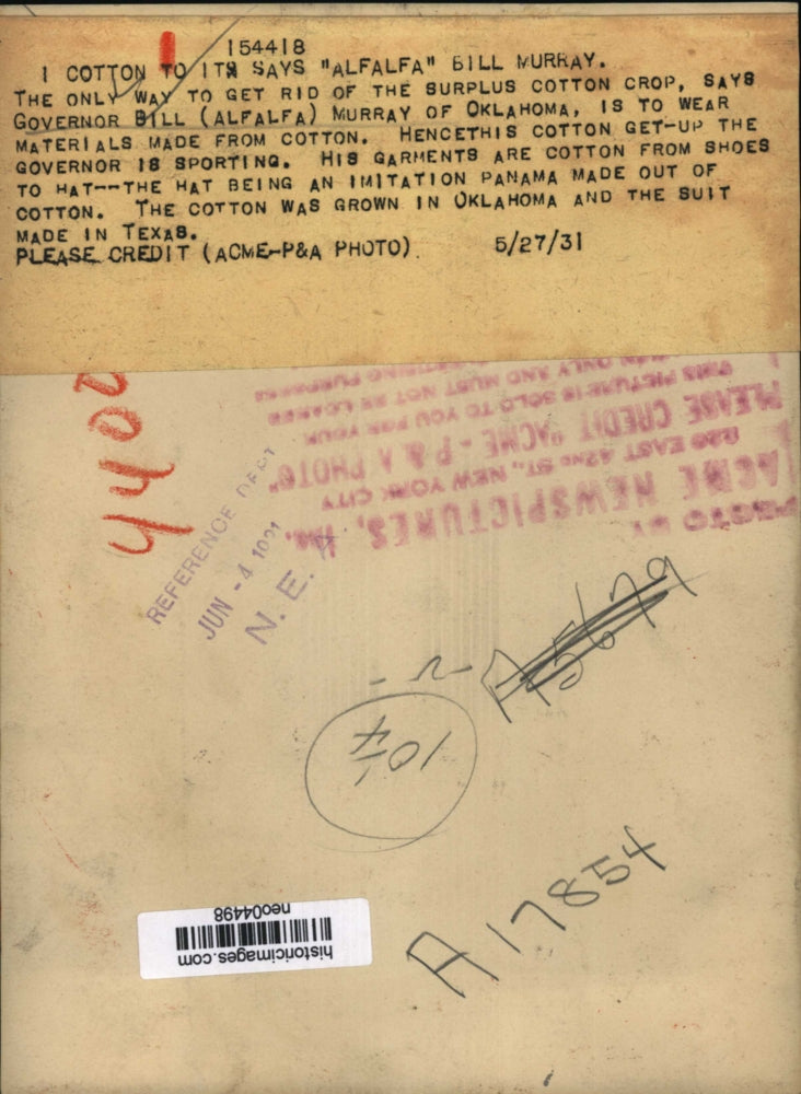 1931 Press Photo Gov. Bill Alfalfa Murray of Oklahoma wearing cotton suit