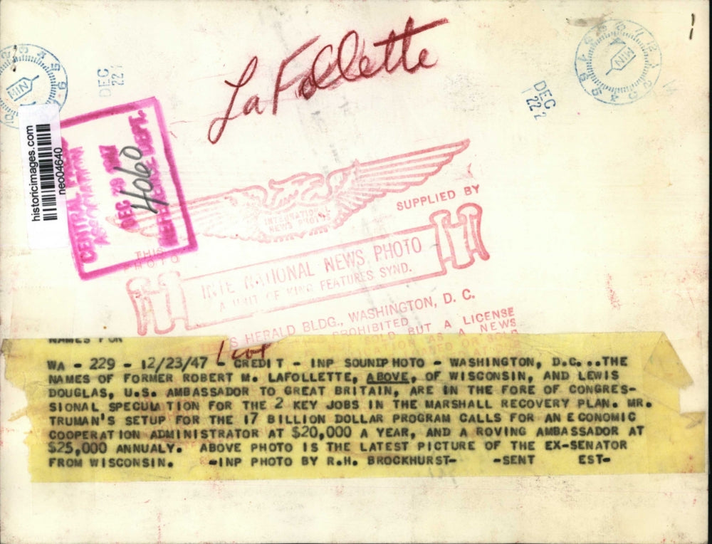 1947 Press Photo Robert M. LaFollette, Wisconsin Senator - neo04640