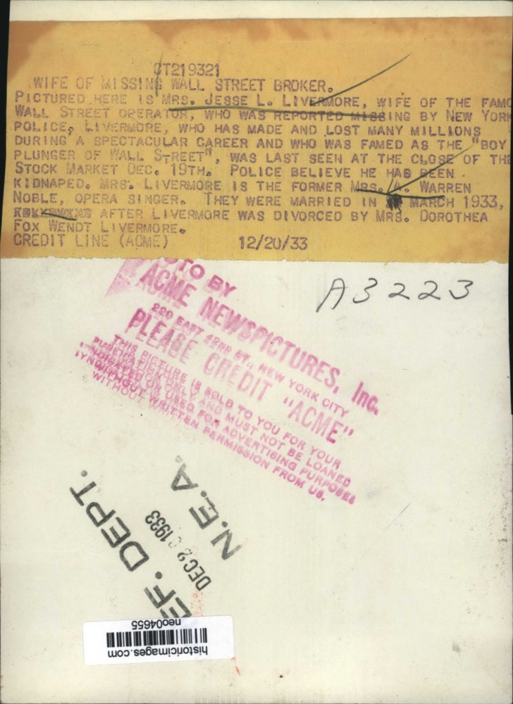 1933 Press Photo Mrs. Jesse L. Livermore, Wife of Missing Wall Street Broker