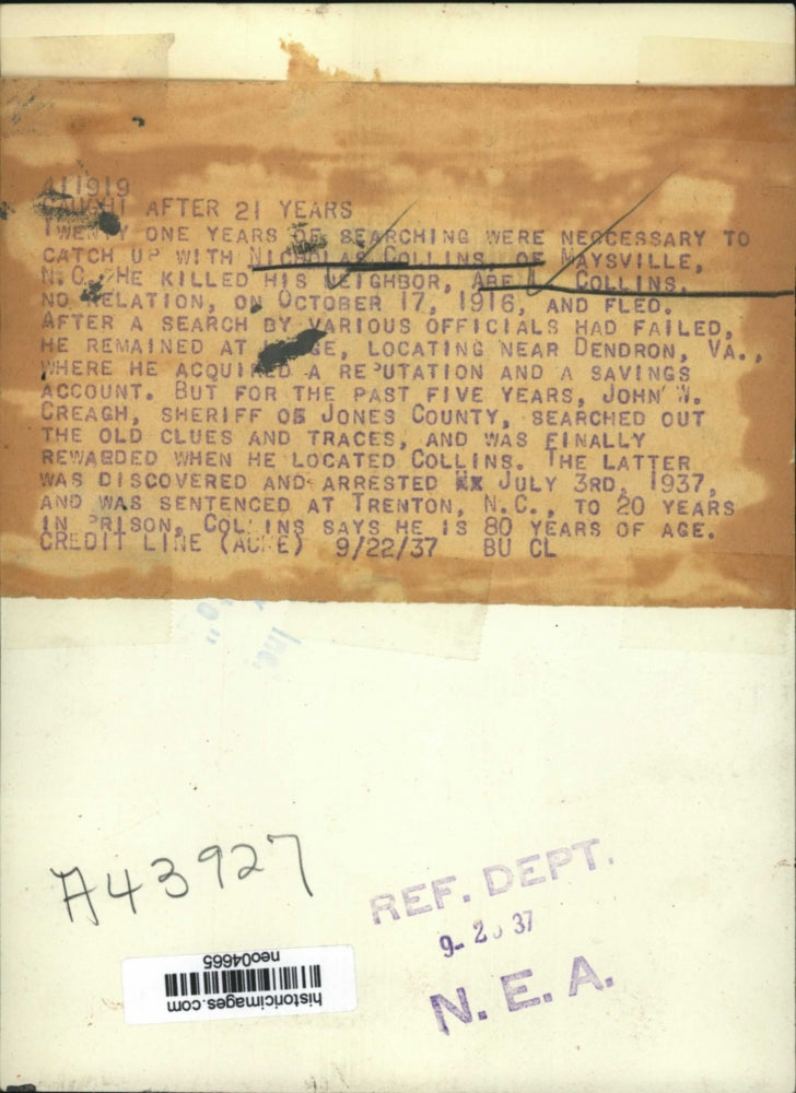 1937 Press Photo Nicholas Collins, Arrested for Murder After 21 Years, Penn.