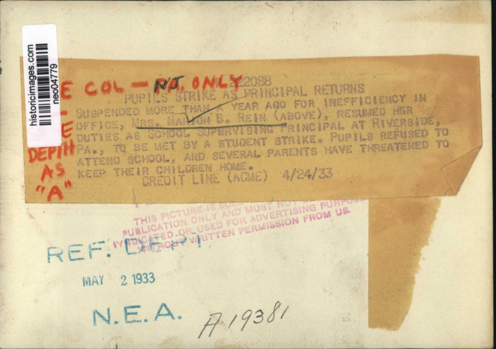 1933 Press Photo Marion B. Rein, School Principal of Riverside, Pennsylvania