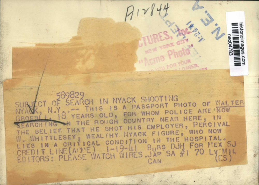 1941 Press Photo Walter Groebli, Wanted for Shooting Percival W. Whittlesey