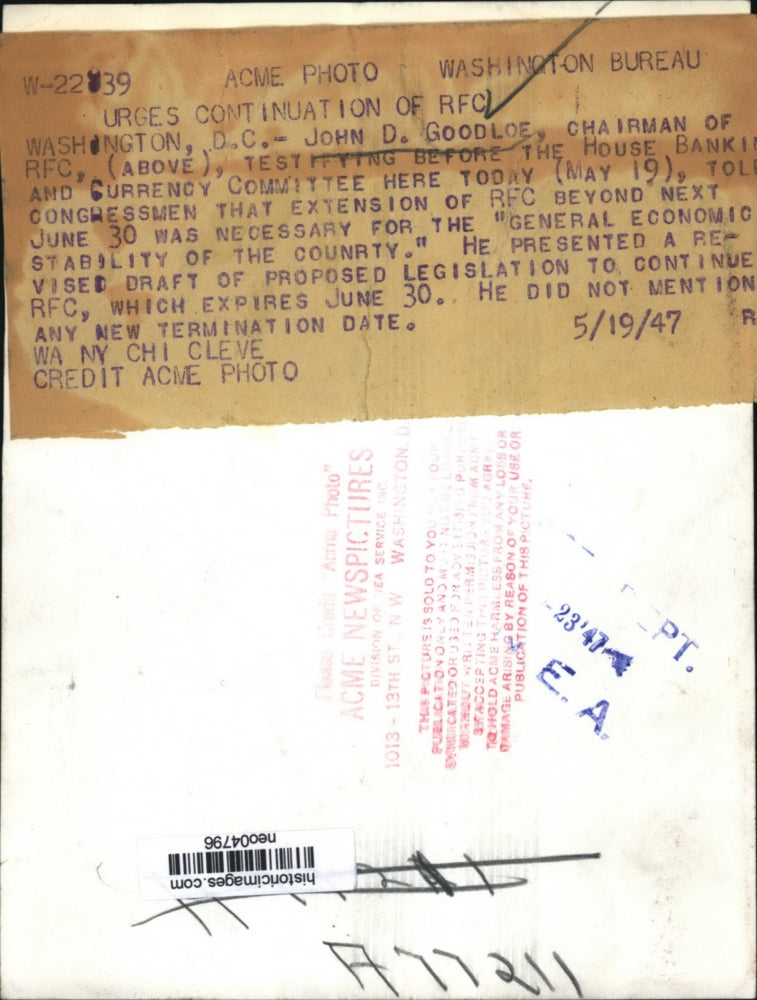1947 Press Photo John D. Goodloe Testifies before House Banking & Currency Comm