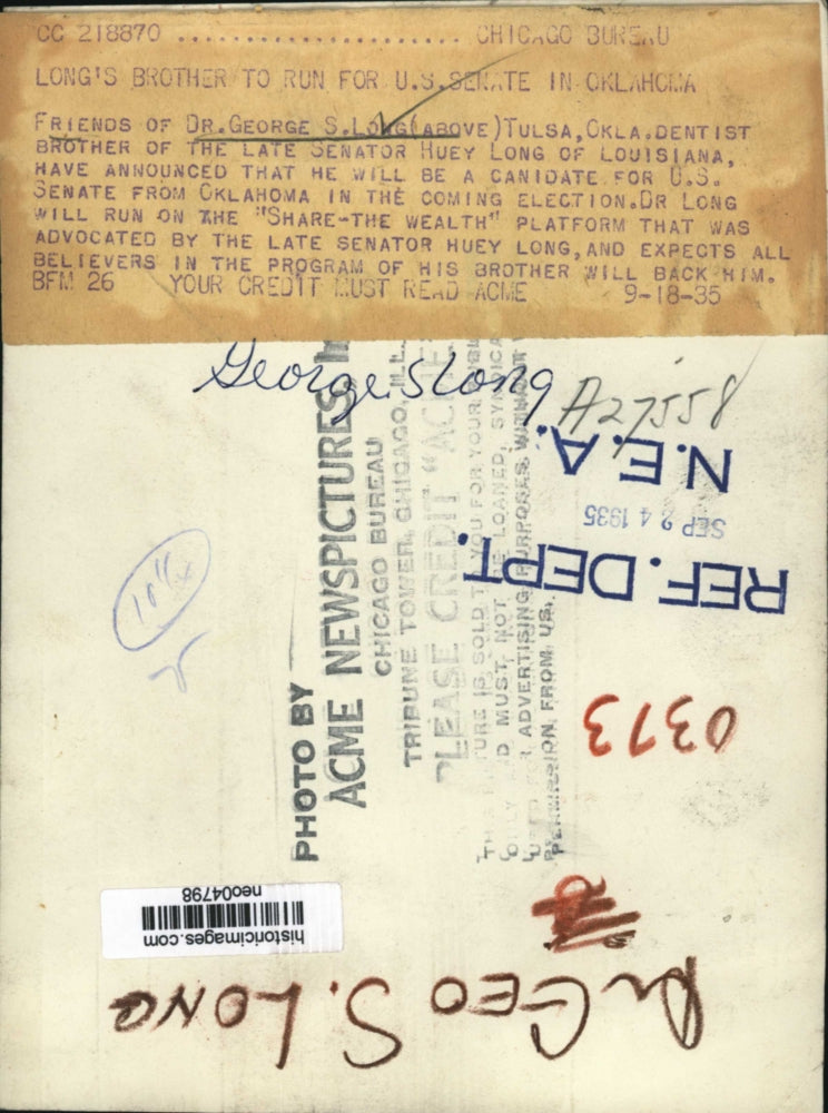 1935 Press Photo Dr. George S. Long candidate of US Senate from Oklahoma