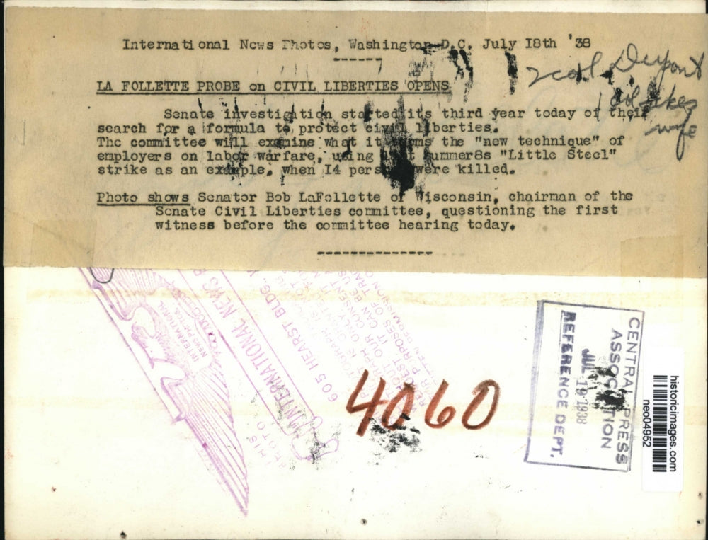 1938 Press Photo Senator Robert LaFollette at Senate Civil Liberties Hearing