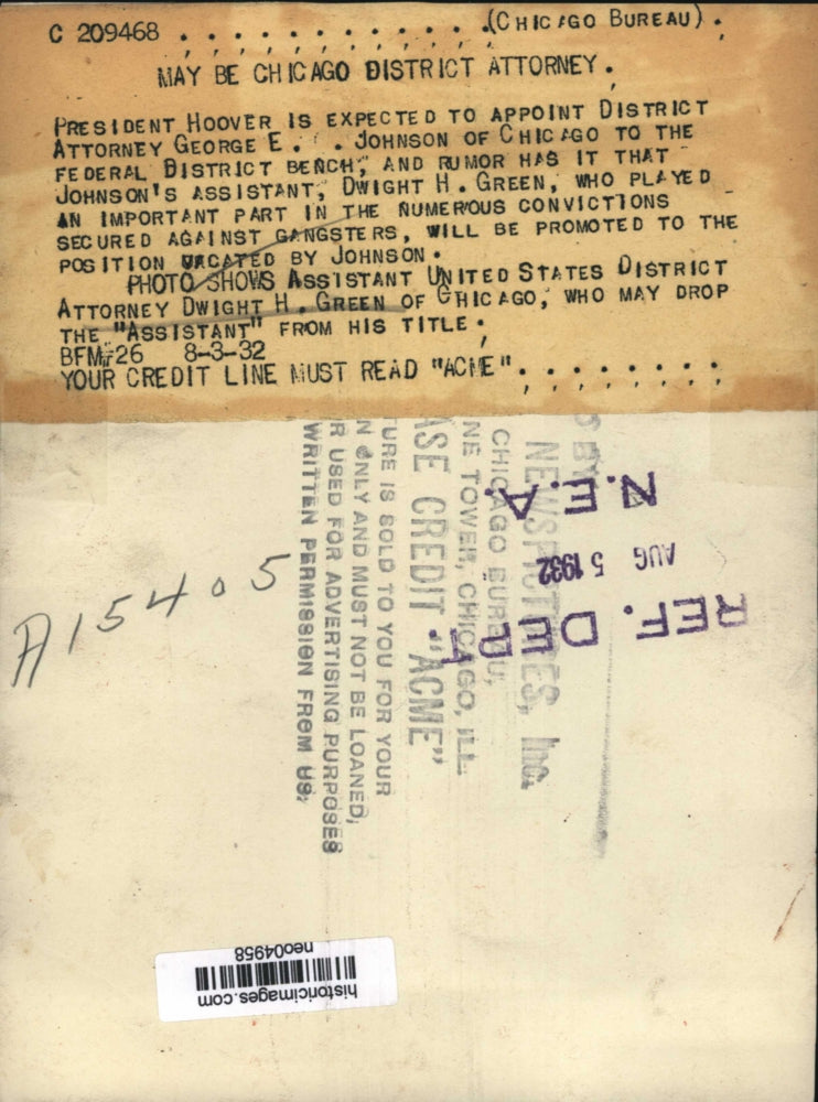 1932 Press Photo U.S. District Attorney Dwight H. Green of Chicago - neo04958