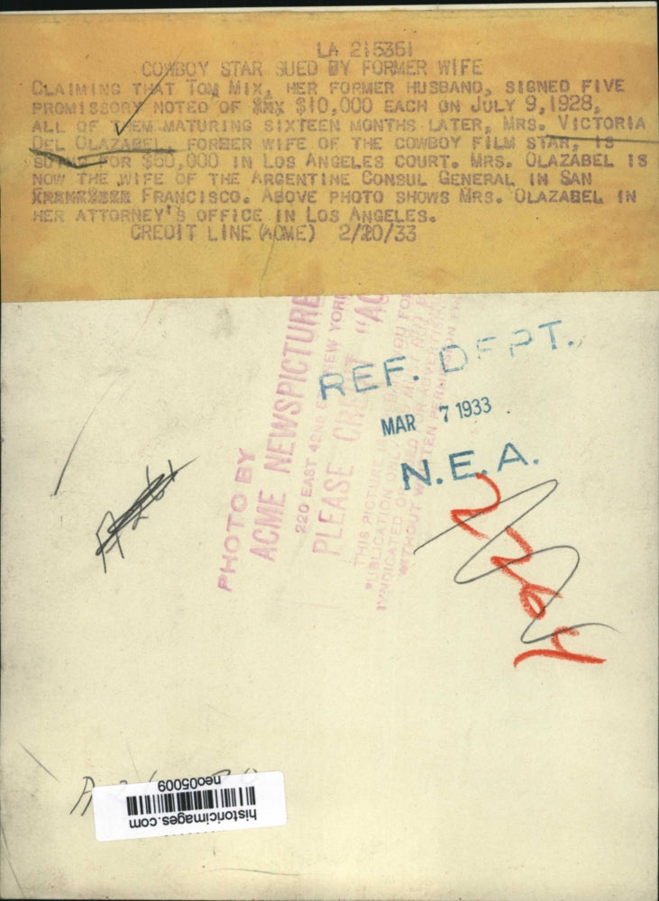 Load image into Gallery viewer, 1933 Press Photo Victoria Del Olazabel, Suing Ex-Husband in Los Angeles
