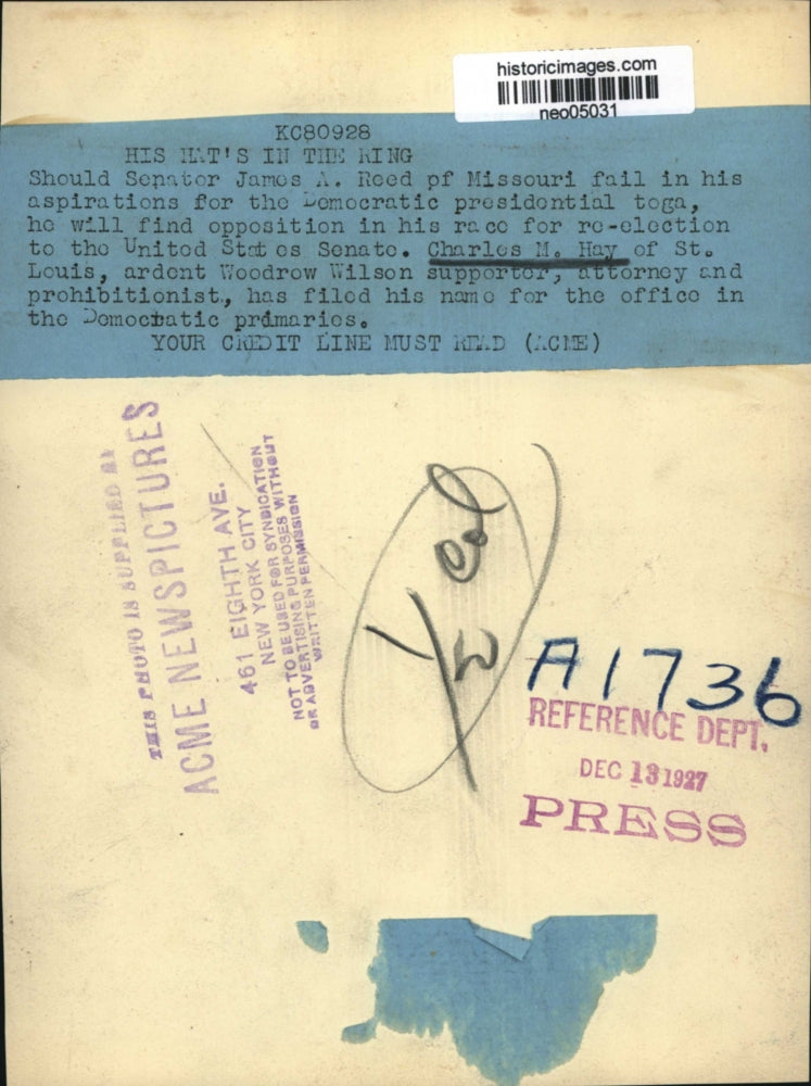 1927 Press Photo United States Senate Charles N. Hay Democratic Primaries