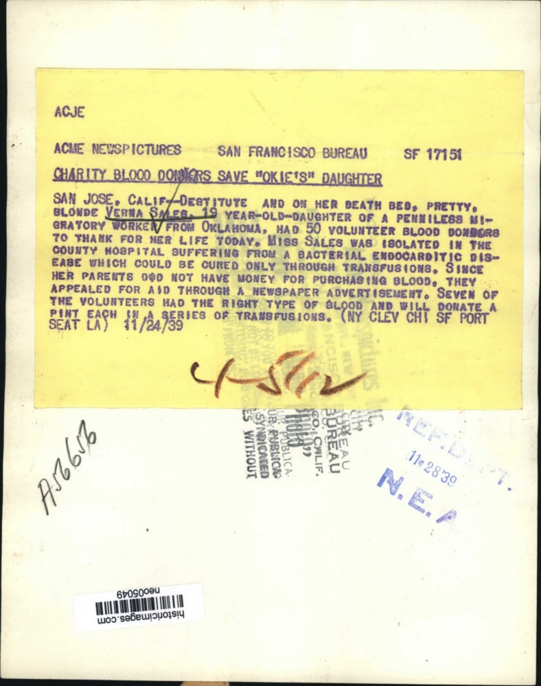 1939 Press Photo Verna Sales, Received Volunteer Blood Donation, Oklahoma