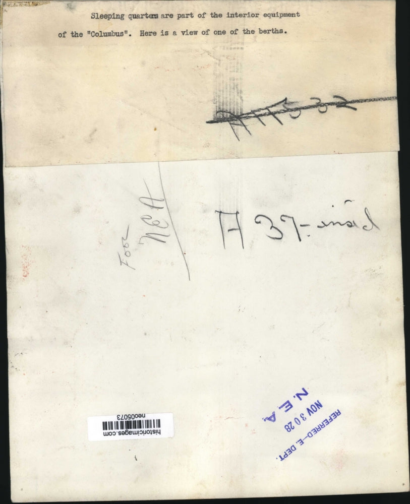 1928 Press Photo Columbus Berth Sleeping quarter - neo05073