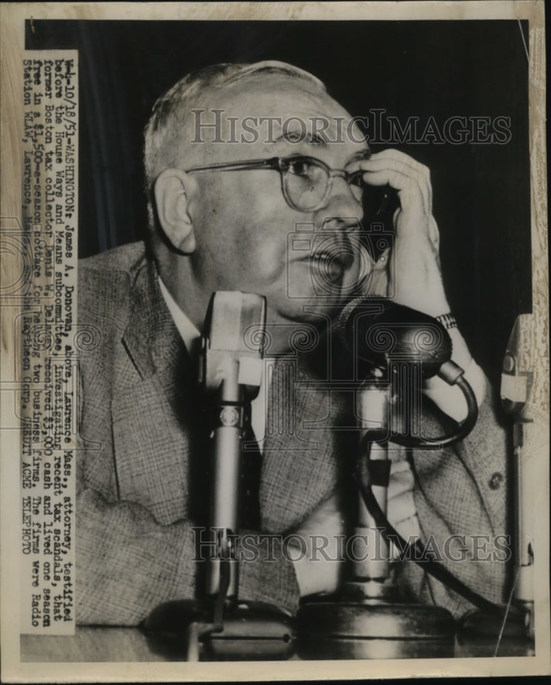 1951 Press Photo James A. Donovan at House Ways & Means Hearing, Washington