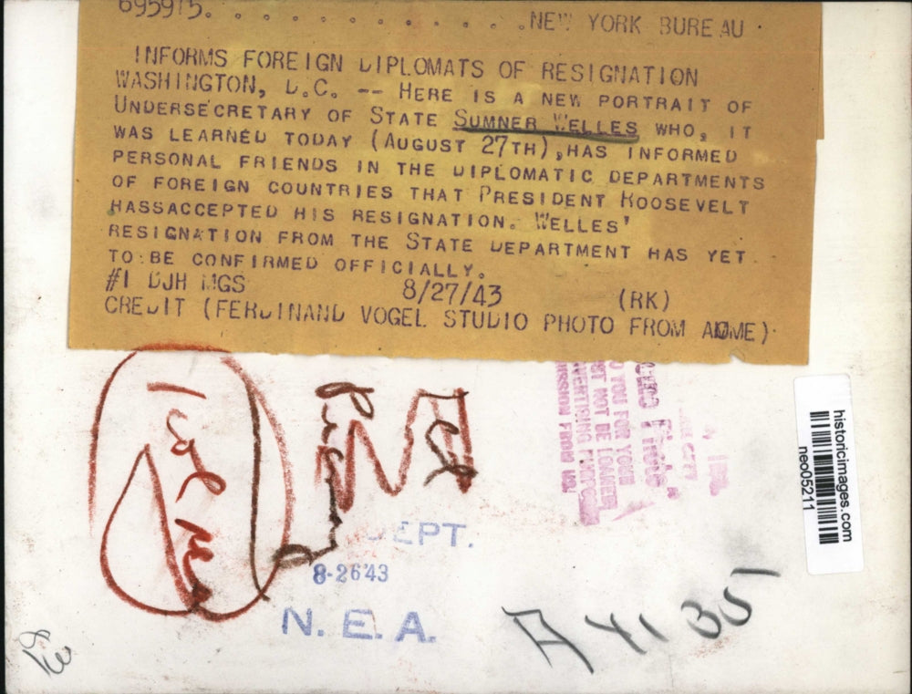 1943 Press Photo Sumner Welles, U.S. Undersecretary of State - neo05211