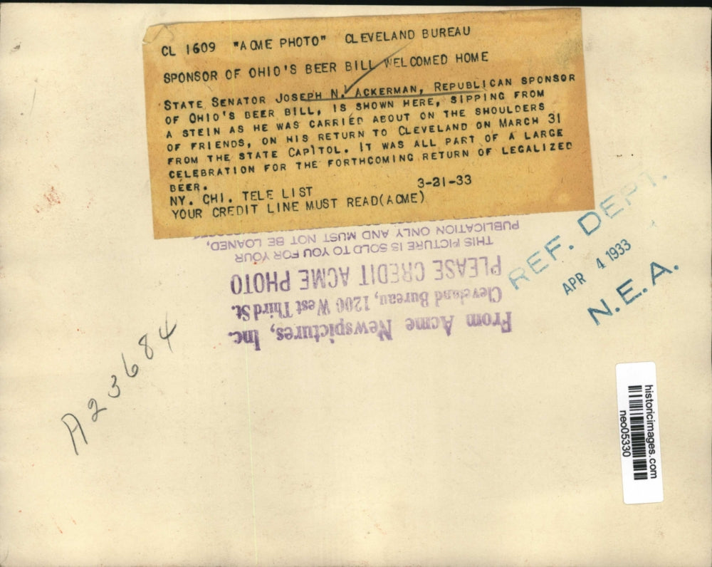 1933 Press Photo Joseph Ackerman returns to Cleveland from State Capitol