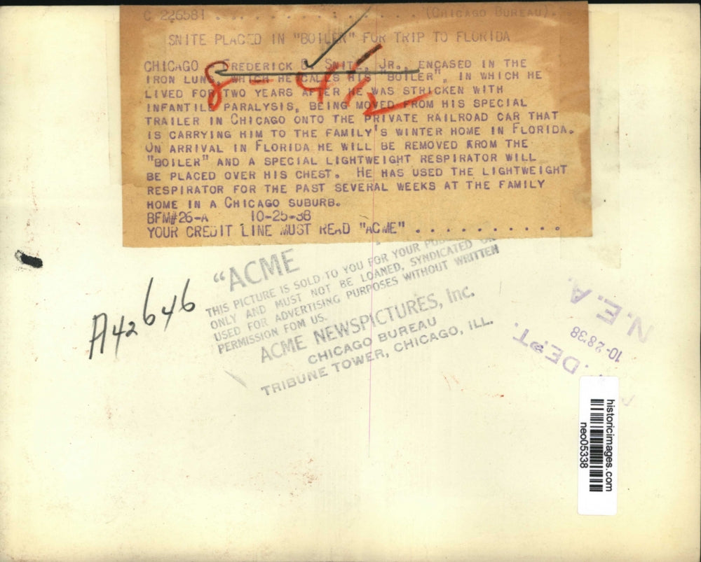 1938 Press Photo Frederick mnite Jr. inside Iron Lung for move to Florida