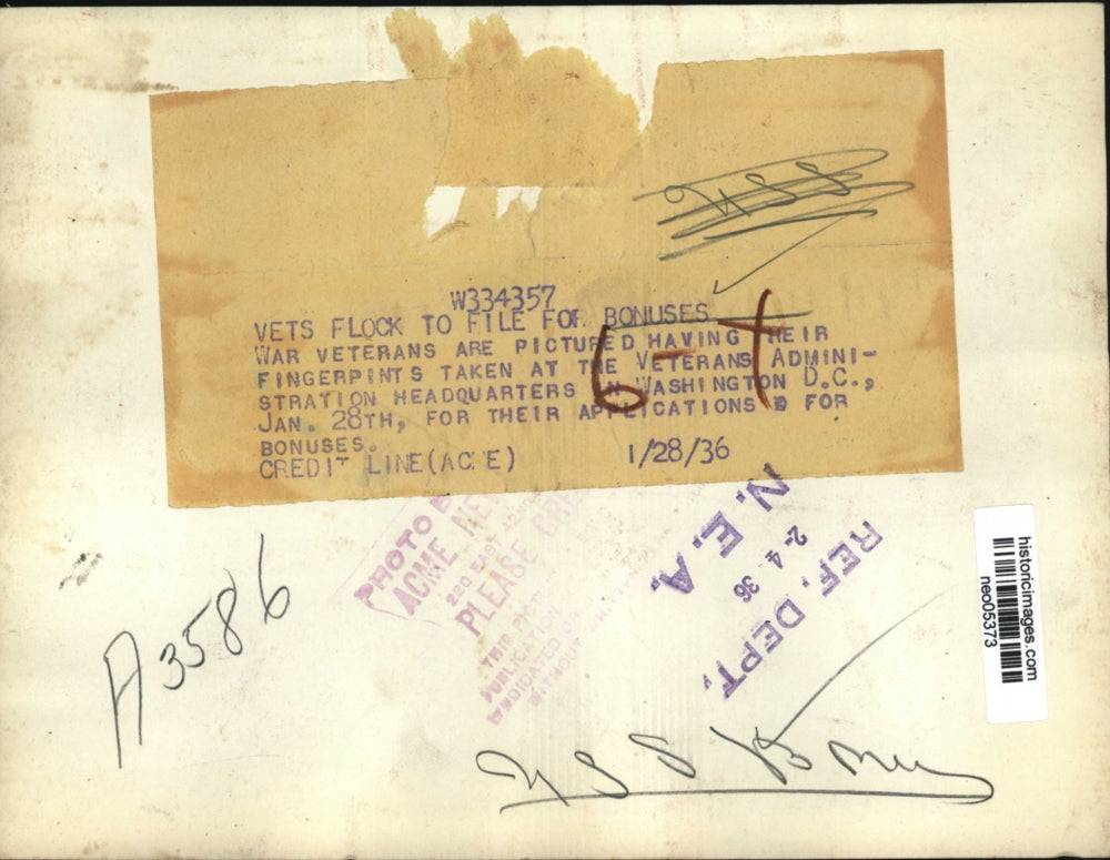 1936 Press Photo War Veterans have fingerprints taken at headquarters in DC