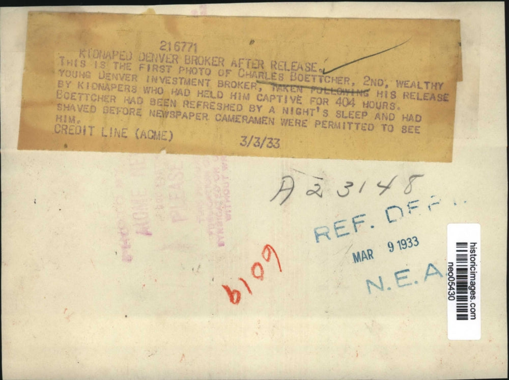 1933 Press Photo Charles Boettcher Investment broker kidnapped - neo05430