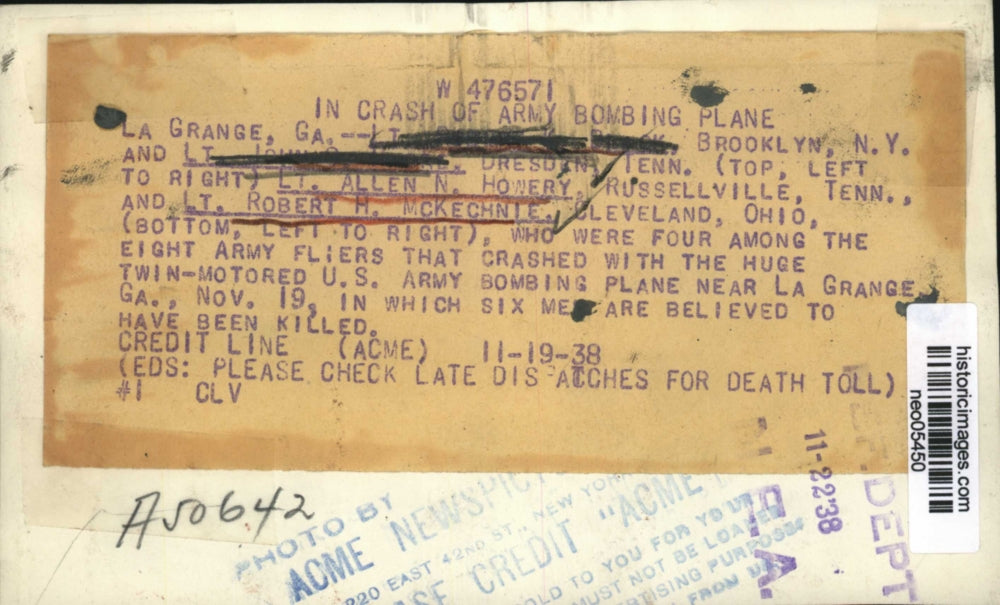 1938 Press Photo Allen Howery, Robert McKechnie of U.S. Army Bombing Plane Crash