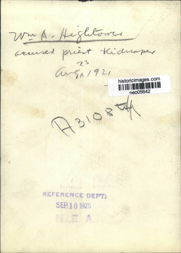 1921 Press Photo William A. Hightower, Accused Priest Kidnapper - neo05642