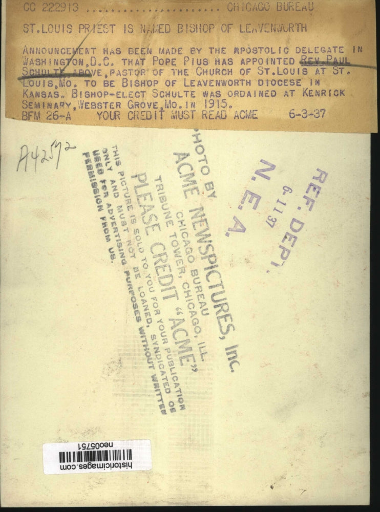 1937 Press Photo Paul Schultz, Bishop of Leavenworth - neo05751