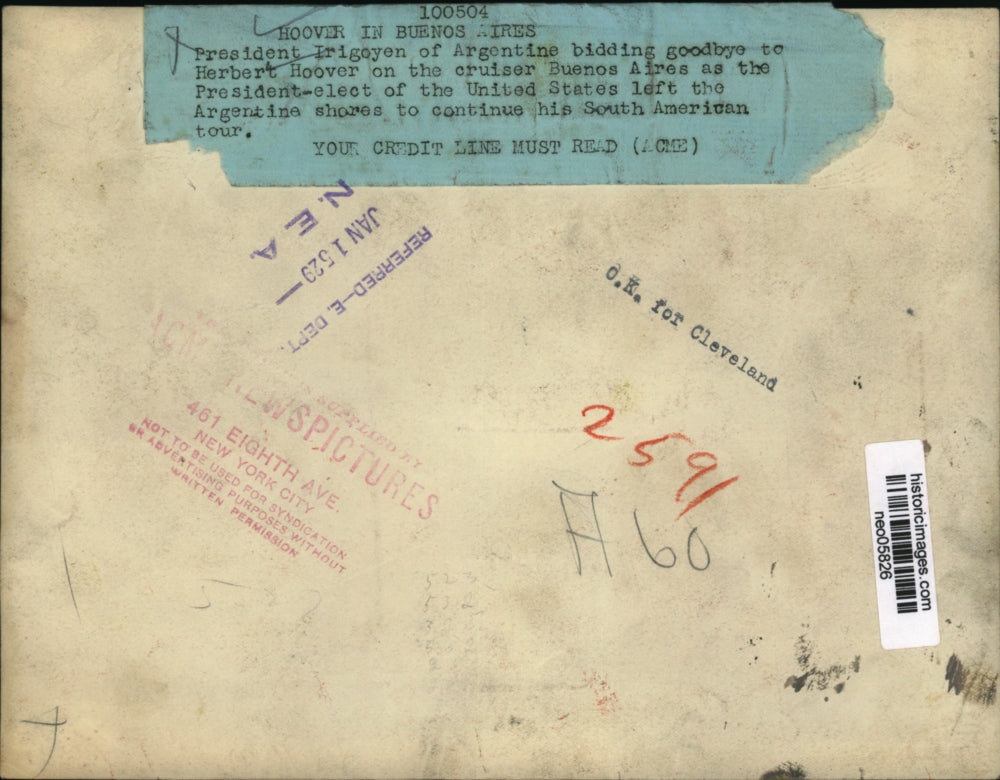 1929 Press Photo President Irigoyen of Argentine & Herbert Hoover on Cruiser