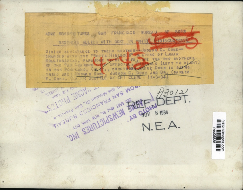 1934 Press Photo Norma Doke, Judson Doke & Dr. Charles Doke Woodland CA Court