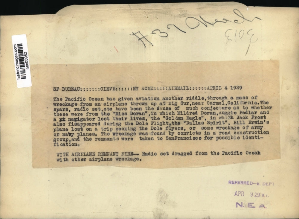 1929 Press Photo Radio from Plane Wreck Washed up at Big Sur, Carmel, California