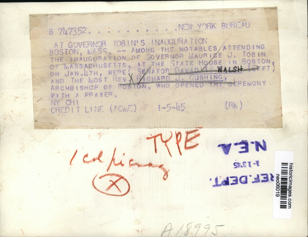 1945 Press Photo Sen. David Walsh & Rev. Richard Cushing attend Inauguration