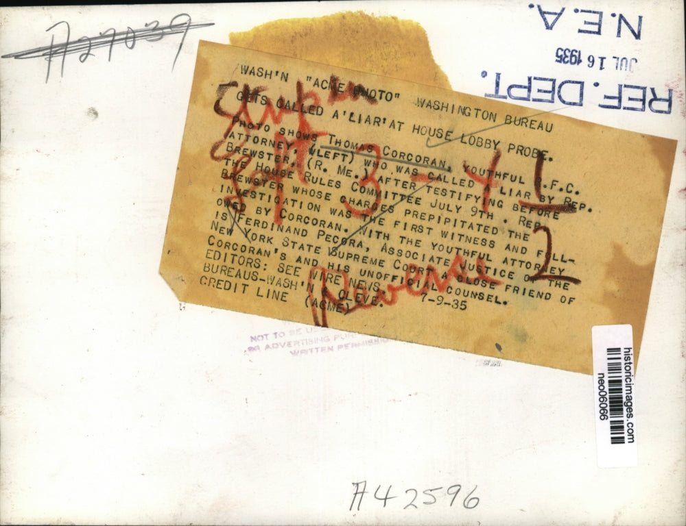 1935 Press Photo Thomas Corcoran called liar by Rep. Brewster at House Rules