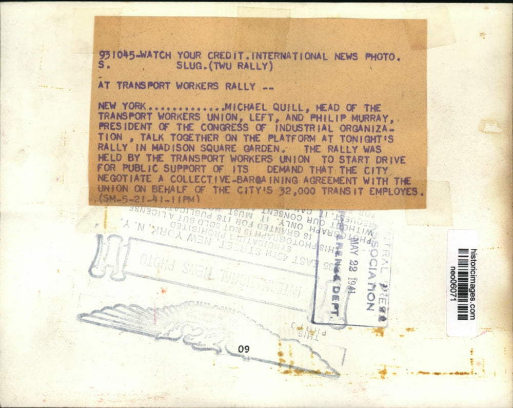 1941 Press Photo Michael Quill & Philip Murray at Transport Workers Union Rally